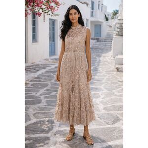 NWT - SUNDANCE TOLANI Relle Beige Embroidered Lace Midi Dress, Slip, Sz M